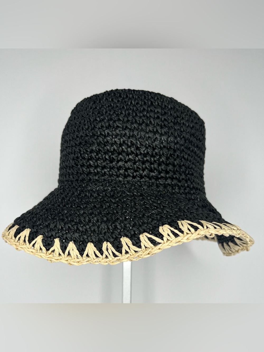INC International Concepts Black Crochet Bucket Hat with Natural Trim